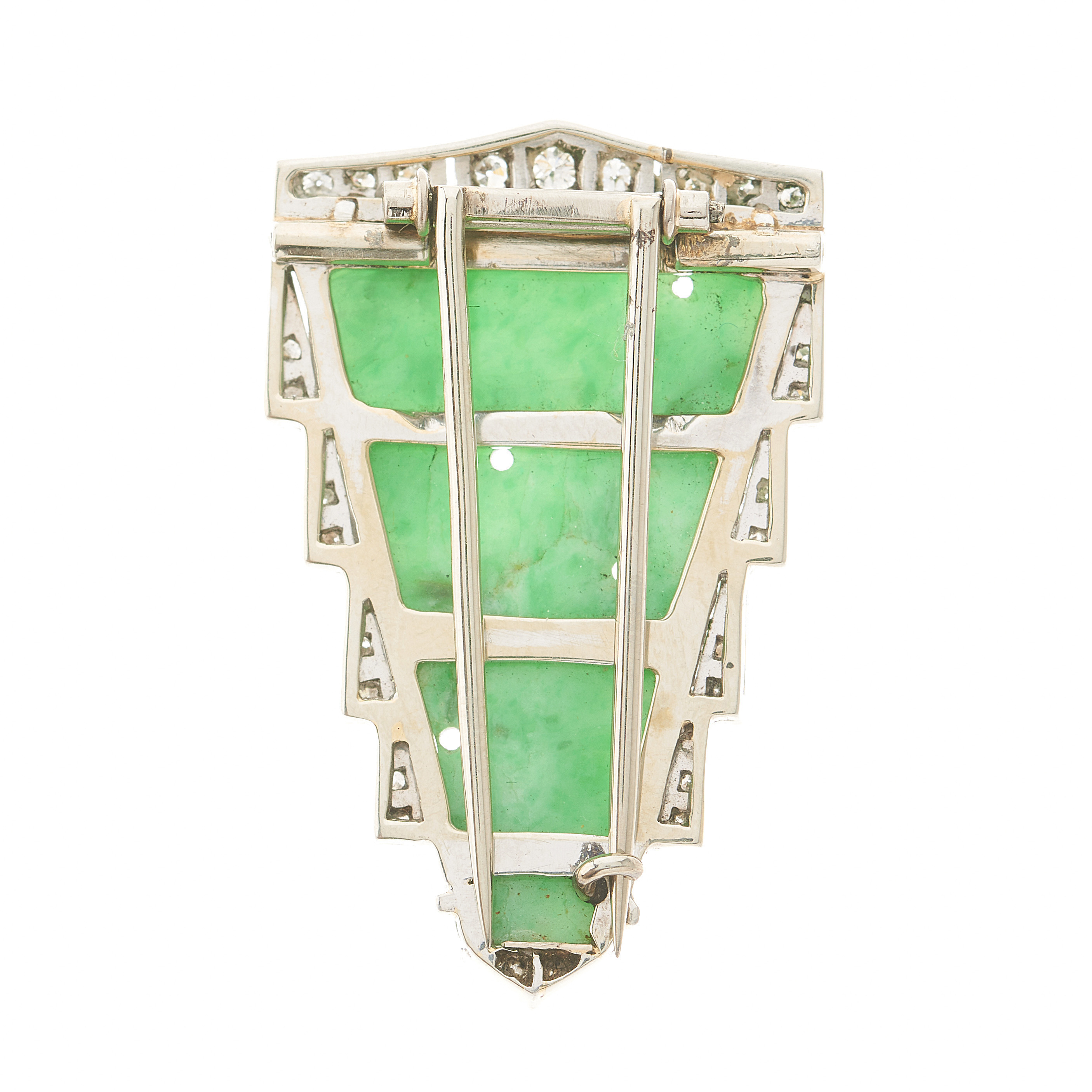 An Art Deco natural jadeite jade and diamond brooch - Image 2 of 4