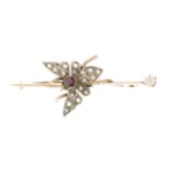 A late Victorian gold and silver, ruby, diamond and pearl butterfly brooch