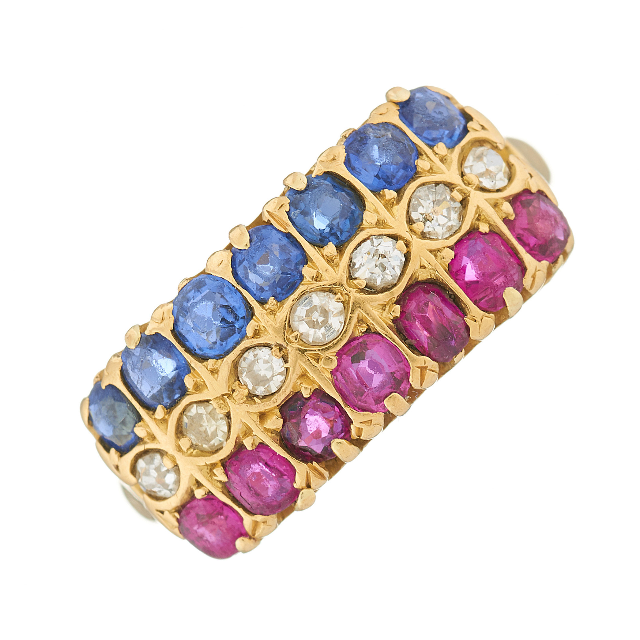 An Edwardian 18ct gold ruby, sapphire and diamond three-row dress ring