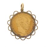 A German Empire 20 mark gold coin pendant, Wilhelm I, dated 1875
