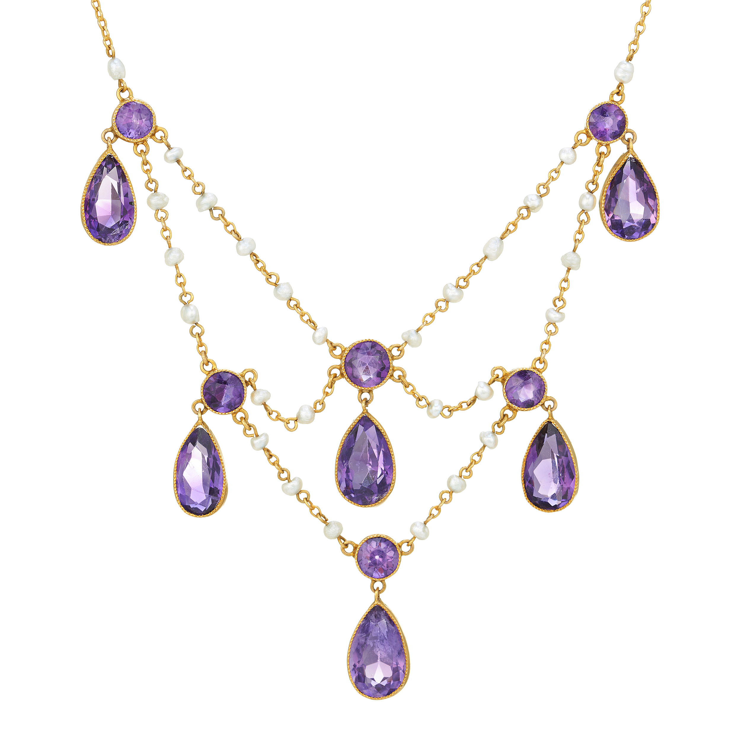 An early 20th century gold, amethyst and seed pearl festoon necklace