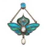 An Art Nouveau silver, pearl and enamel foliate pendant