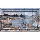 A Cobridge stoneware tile panel, painted with an extensive Highland fishing village scene with