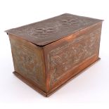 A Keswick W.H. Masson Arts & Crafts copper table casket, repousse Celtic design cover and frieze,