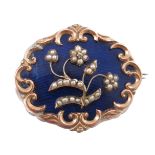 A mid Victorian enamel, split pearl and diamond floral brooh