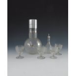 A frosted crackle glass cocktail set of hunting interest, European, circa 1930s, comprising