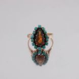 An early 20th century 15ct gold citrine and turquoise cluster ring