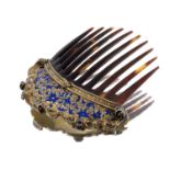 A late 19th century enamel and tortoiseshell hair comb, together with a coral brooch