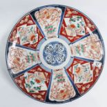 An Imari pattern charger, decorated with radiating panels of fabulous birds and flowering trees.