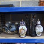 Carved and painted wooden fruit and bowl, a pair of octagonal ginger jars and covers and two cast