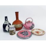 A Copeland Spode Coronation flask, a Staffordshire terracotta bottle vase, a Prattware ink flask, '