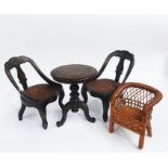 Dolls furniture - a pair of chinoiserie black painted wicker seat chairs, a matching pedestal