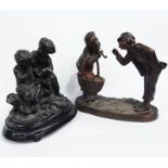 A bronzed spelter lamp base, flower boys with pipes, together with a spelter figure group, cherubs