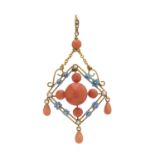 An early 20th century 15ct gold coral, pearl and enamel floral openwork pendant