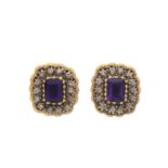 A pair of gold, amethyst and rose-cut diamond cluster earrings