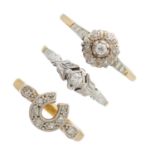 Three mid 20th century 18ct gold and platinum diamond dress rings