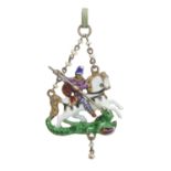 A late 19th century Austro-Hungarian silver, pearl and enamel pendant of St George and the dragon