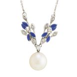 A cultured pearl, diamond and enamel necklace