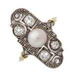 An early 20th century 14ct gold pearl and diamond openwork dress ring