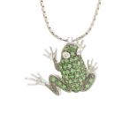 An 18ct gold tsavorite garnet and diamond frog pendant, with chain