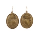 A pair of late Victorian gold, lava cameo portrait earrings