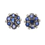 A pair of mid 20th century sapphire and diamond floral cluster earrings