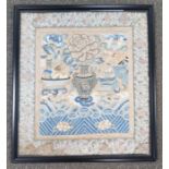Chinese embroidery, possibly a robe/sleeve section, 19th century, Qing dynasty, 49cm by 36cm, framed