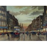 Steven Scholes (British, 1952), Market Street, Manchester, 1938, signed l.r., oil on board, 45 by