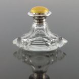 An Art Deco silver and enamelled cut glass scent b