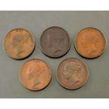 Victoria Pennies, 1841, 1854, 1857, 1858 small date, 1858 large date (5)