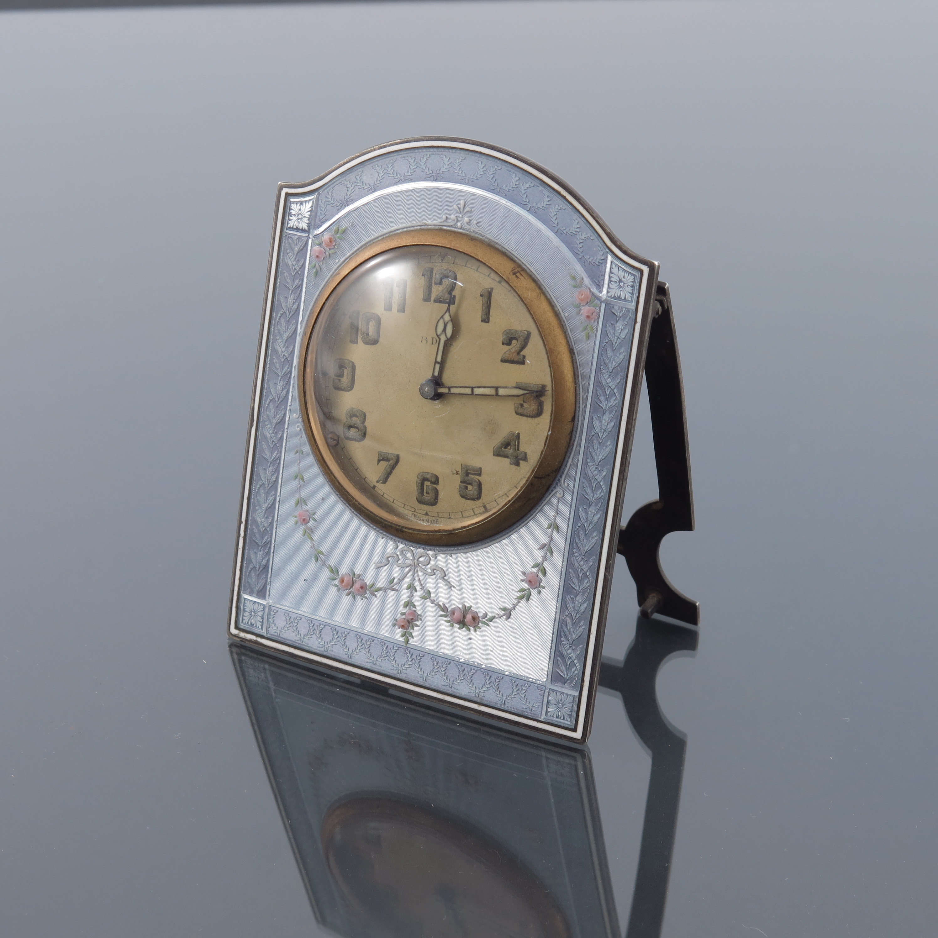 A Swiss silver gilt and enamelled clock, Hase import marks for London 1920, domed rectangular - Image 3 of 6