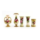 Five Royal Worcester rose painted vases