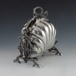 A Victorian silver plated biscuit box, Walker & Hall, shell form, two fold down compartments with pi