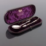 A Victorian Gothic parcel gilt caddy spoon and sugar tong set, Charles Edwards, London 1880, cast in