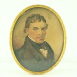 A mid 19th Century oval portrait miniature, circa 1840, a gentleman, bust length wearing a black