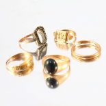 A selection of five gold and silver rings, AF