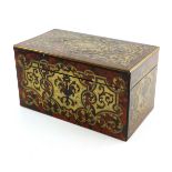 A mid 19th Century French boulle tea caddy, of rectangular form, the hinged cover with scrolling