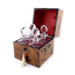 A 19th Century burr walnut campaign spirit decanter box, of square form with brass flush side