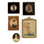 Five assorted 19th Century portrait miniatures, to include two profile portrait silhouettes, one