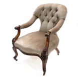 A mid Victorian walnut spoon back open framed armchair, circa 1860, button upholstery, serpentine