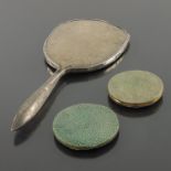 An Art Deco silver and shagreen hand mirror, together with two 1950s shagreen compacts