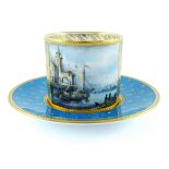 Stefan Nowacki for Lynton, a teal ground painted and jewelled coffee can and saucer