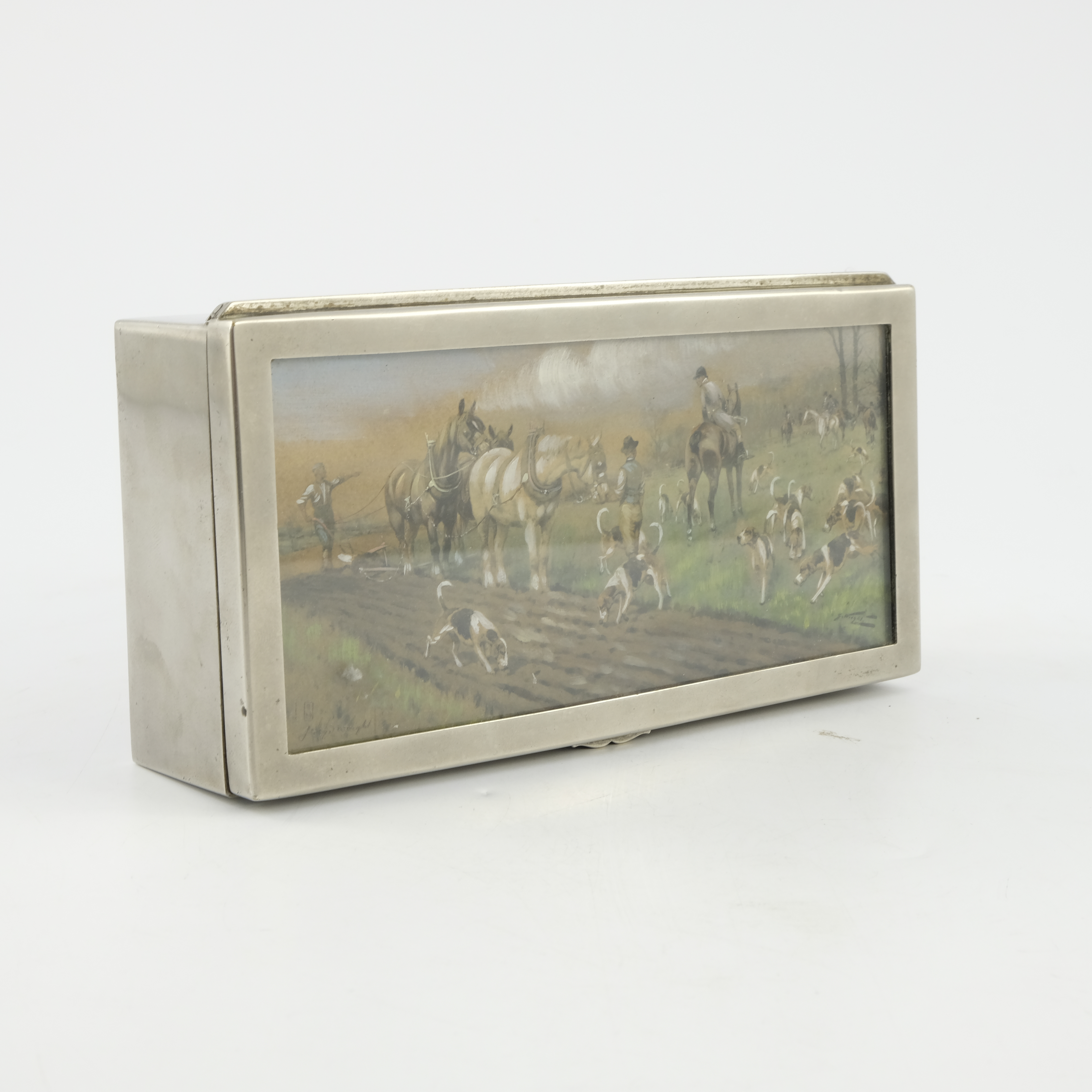 An Edwardian electroplated table cigarette casket of hunting interest, the cover with an inset - Image 3 of 4