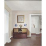 E.. Schneider (Danish, 20th Century), an interior with a fall-front bureau, signed l.r., oil on
