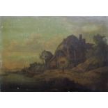 North European School, early 19th Century, a river landscape with a thatched building and man with a