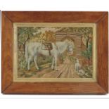 Three 19th Century woolwork pictures, to include a horse and dog in front of a pediment gateway, a