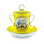 Stefan Nowacki for Lynton, a yellow ground painted and jewelled chocolate cup, cover and saucer