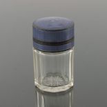 A George V silver topped faceted glass dressing table jar and stopper, purple guilloche enamel