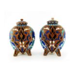 Christopher Dresser for Minton, a pair of Kensington Gore Art Pottery Studio vases and covers