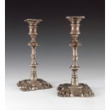 A pair of William IV silver candlesticks, Creswick & Co., Sheffield 1835, anthemion to removable sco